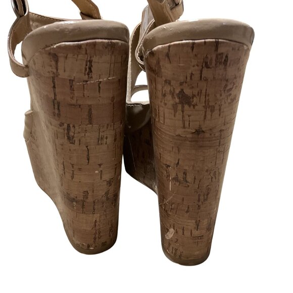 Vtg Sbicca Erica Wedge Sandals Sz 9 Cork Platform Strappy Beige Patent Womens - Picture 5 of 8